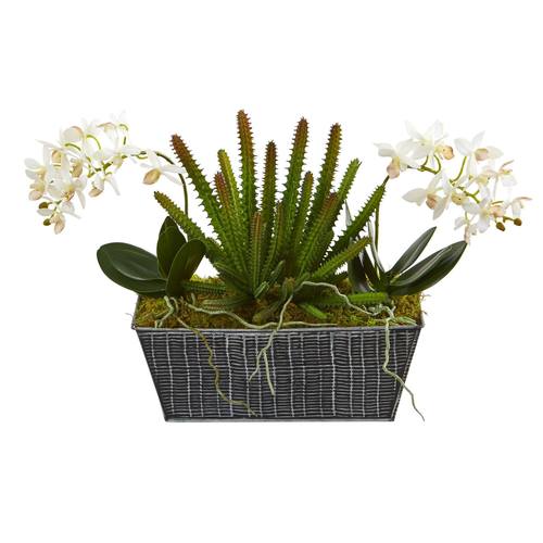 13" Orchid Phalaenopsis and Succulent Artificial Arrangement in Embossed Tin Vase