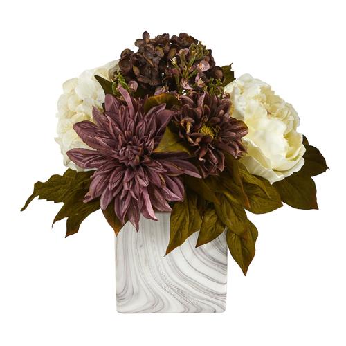 13" Peony, Hydrangea and Dahlia Artificial Arrangement in Marble Finished Vase