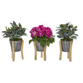 13" Rose and Olive Artificial Arrangement in Tin Vase with Legs (Set of 3)