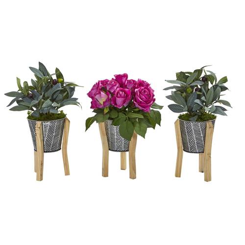 13" Rose and Olive Artificial Arrangement in Tin Vase with Legs (Set of 3)