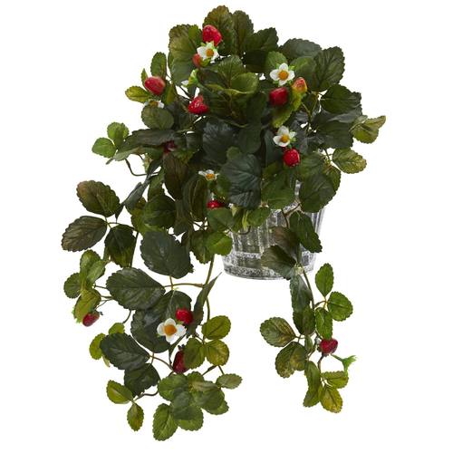 13" Strawberry Artificial Plant in Vintage Hanging Metal Planter