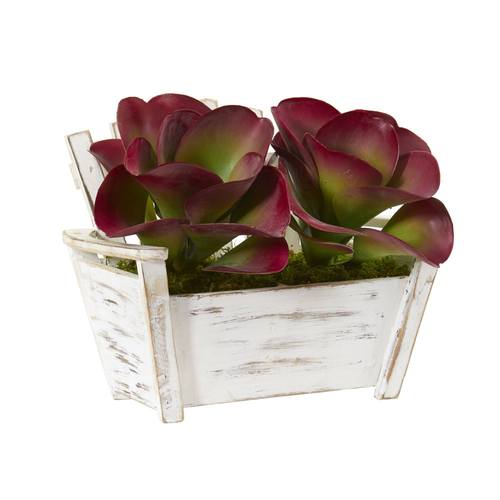 13" Succulent Artificial Plant in Wooden Bench Planter