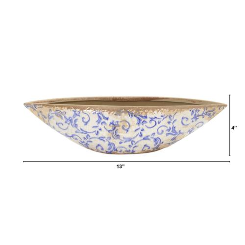 13" Tuscan Ceramic Blue Scroll Decorative Bowl