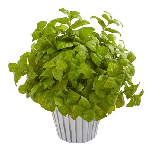 14" Basil Artificial Plant in White Planter with Silver Trimming