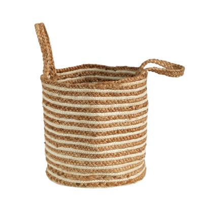 14" Boho Chic Basket Natural Cotton and Jute, Handwoven Stripe with Handles