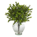 14" Boxwood Artificial Plant in Glass Planter (Indoor/Outdoor)