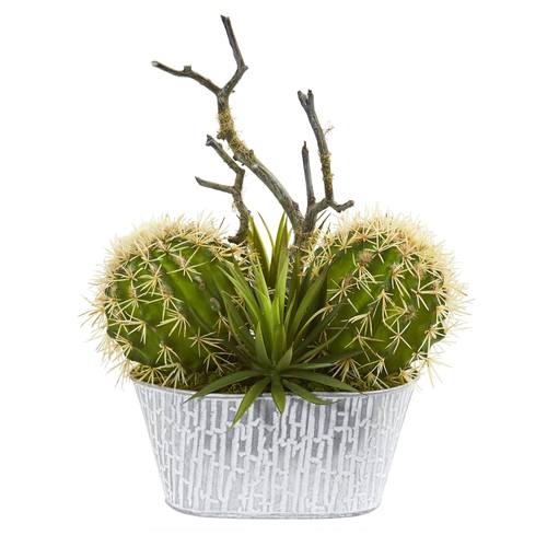 14" Cactus and Agave Succulent Artificial Plant in White Tin Planter