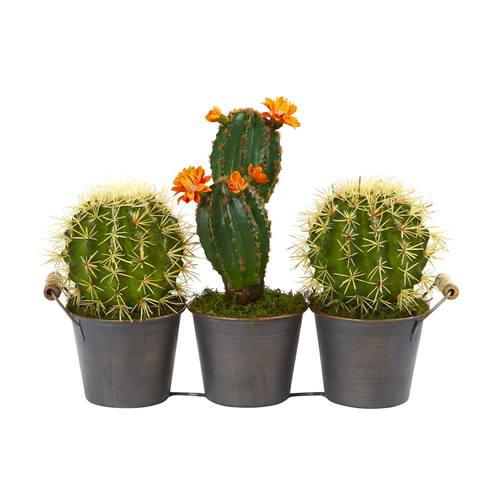 14" Cactus Artificial Plant in Triple Metal Planter