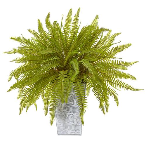 14" Fern Artificial Plant in Embossed White Planter