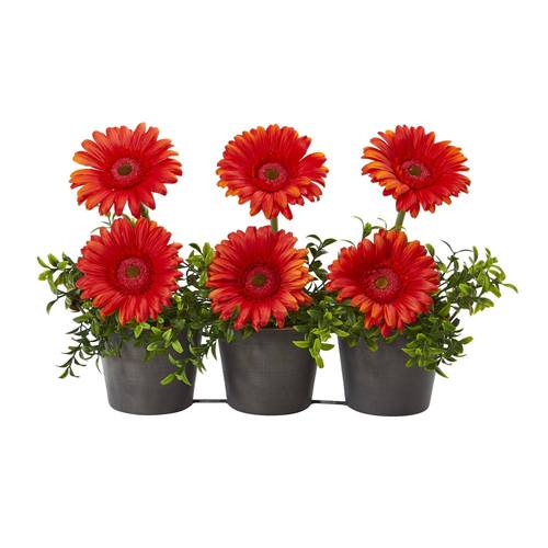 14" Gerber Daisy Artificial Arrangement in Trio Metal Vase