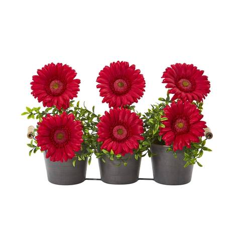 14" Gerber Daisy Artificial Arrangement in Trio Metal Vase