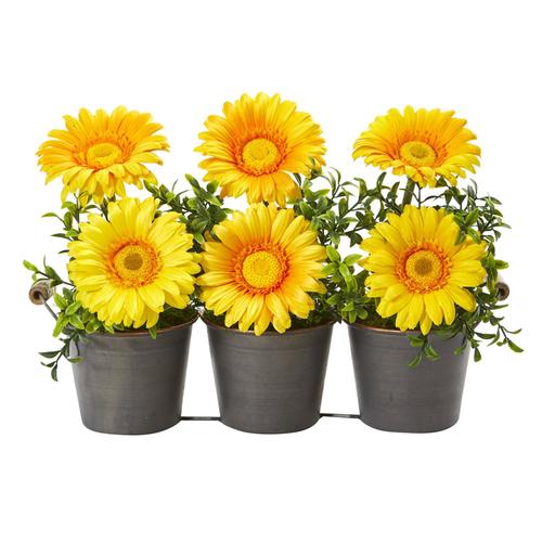 14" Gerber Daisy Artificial Arrangement in Trio Metal Vase