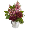 Lilac and Succulent Artificial Arrangement in White Vase with Silver Trimming