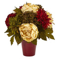 14" Peony, Hydrangea and Dahlia Artificial Arrangement in Burgundy Vase