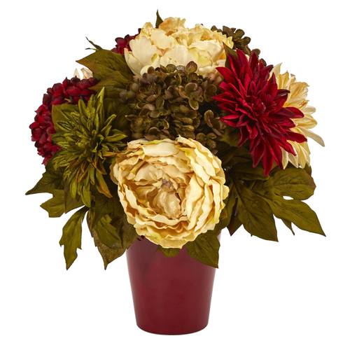 14" Peony, Hydrangea and Dahlia Artificial Arrangement in Burgundy Vase
