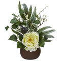 14" Rose and Eucalyptus Artificial Arrangement in Stone Brown Vase