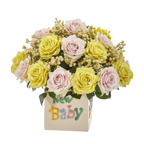 14" Rose and Gypsophillia Artificial Arrangement in “New Baby" Vase