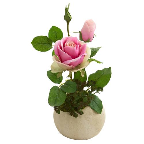 14" Rose and Sedum Succulent Artificial Arrangement in Stone Gray Vase