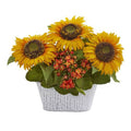14" Sunflower and Kalanchoe Artificial Arrangement in White Tin Vase