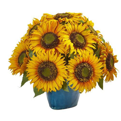 14" Sunflower Artificial Arrangement in Blue Vase