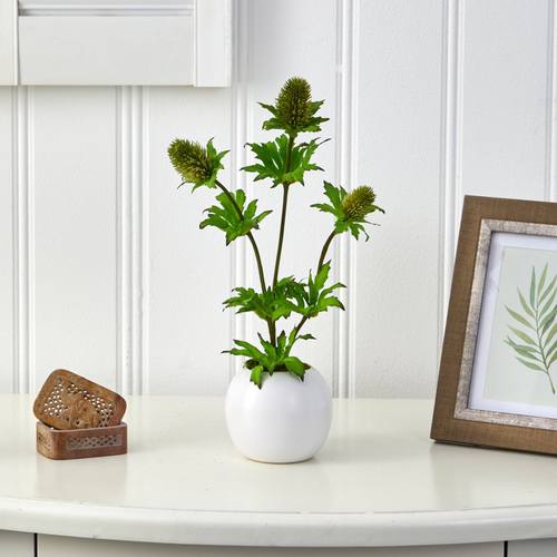 14" Thistle Artificial Arrangement in White Vase