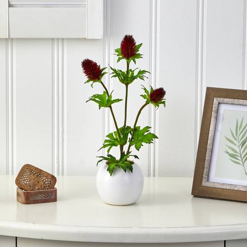 14" Thistle Artificial Arrangement in White Vase