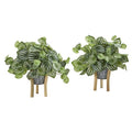 14" Watermelon Peperomia Artificial Plant in Tin Planter with Legs (Real Touch) (Set of 2)