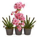 15" Cherry Blossom and Cactus Artificial Arrangement in Trio Metal Vase