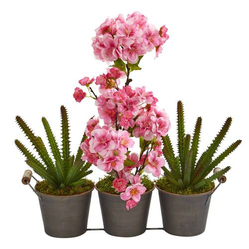 15" Cherry Blossom and Cactus Artificial Arrangement in Trio Metal Vase