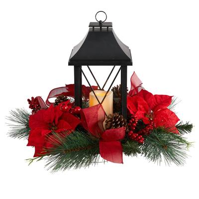 15" Holiday Poinsettia, Pinecone and Greenery with Lantern and Included LED Candle Artificial Table Christmas Arrangement