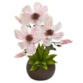 15" Magnolia and Succulent Artificial Arrangement in Stone Vase