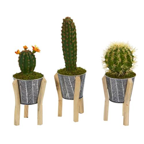 15" Mixed Cactus Artificial Plant in Tin Planter with Legs (Set of 3)