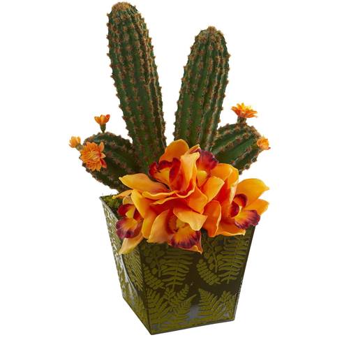 16" Cymbidium Orchid and Cactus Artificial Arrangement in Green Vase