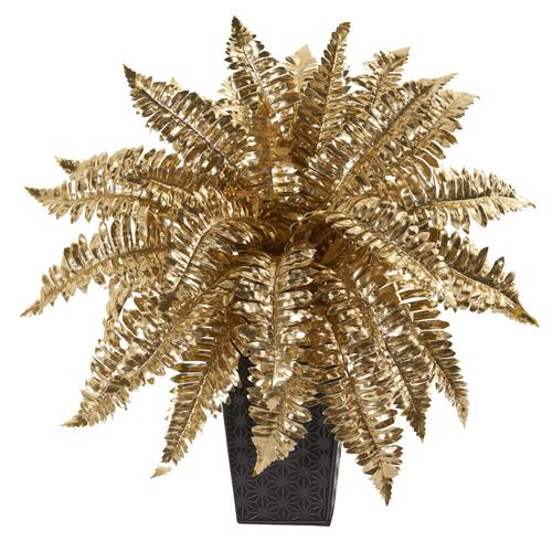 16" Golden Boston Fern Artificial Plant in Embossed Black Planter