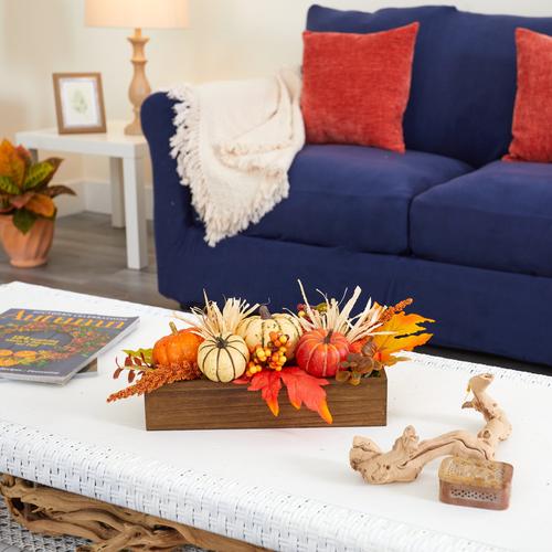 16" Harvest Pumpkin and Berries Artificial Arrangement in Wood Vase