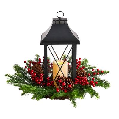 16" Holiday Christmas Berries, Pinecones and Greenery with Lantern and Included LED Candle Artificial Table Arrangement