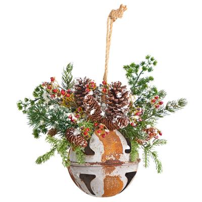 16" Holiday Christmas Jumbo Metal Bell Ornament with Artificial Holly, Berries and Pine