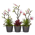 16" Magnolia and Succulent Artificial Arrangement in Trio Metal Planter
