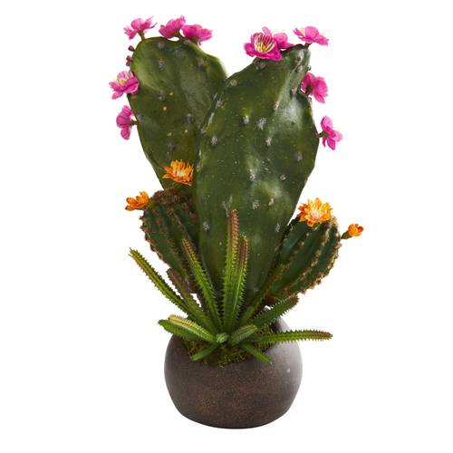 16" Mixed Cactus Artificial Plant in Stone Planter