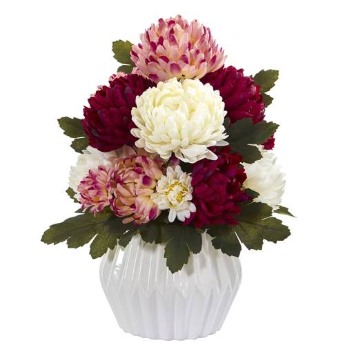 16" Mum Artificial Arrangement in White Vase