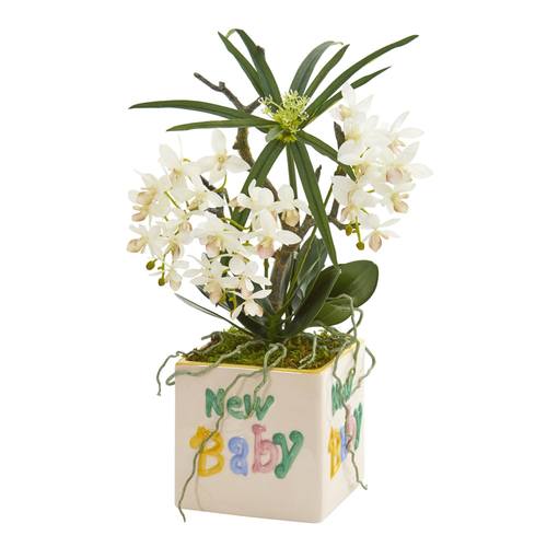 16" Orchid Phalaenopsis and Cyperus Artificial Arrangement in “New Baby" Vase