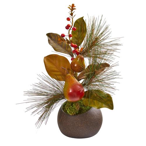 16" Pear, Pine and Magnolia Leaf Artificial Arrangement in Stone Vase