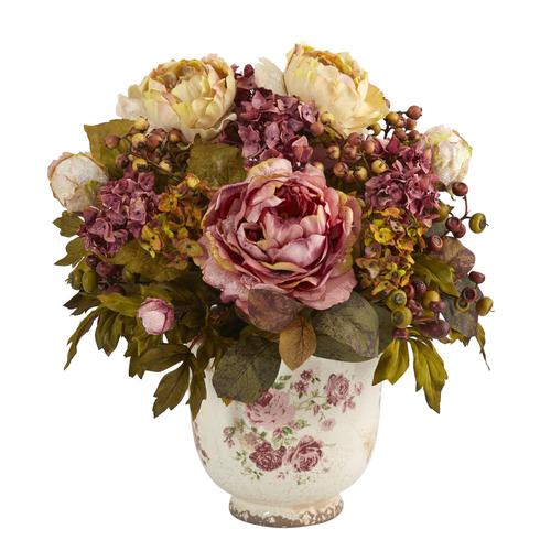 16" Peony Artificial Arrangement in Floral Vase