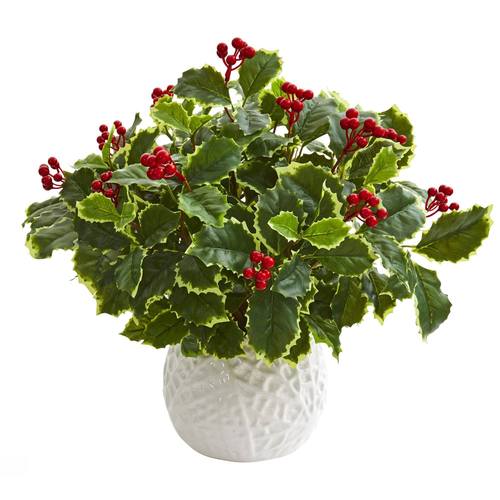 16" Variegated Holly Artificial Plant in White Planter (Real Touch)