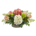 16.5" Rose, Hydrangea and Maiden Hair Artificial Arrangement in Bowl with Gold Trimming