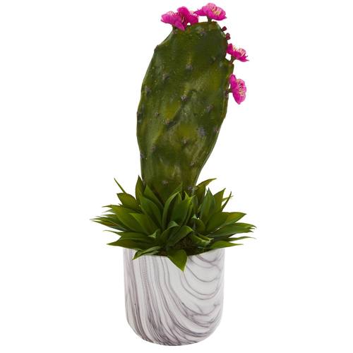 17" Cactus and Agave Succulent Artificial Plant in Marble Planter
