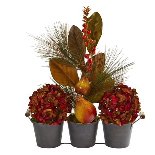 17" Fall Hydrangea, Pears, and Magnolia Leaf Artificial Arrangement in Trio Metal Vase