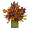 17" Maple Leaf, Berries and Maiden Hair Artificial Arrangement in Green Vase