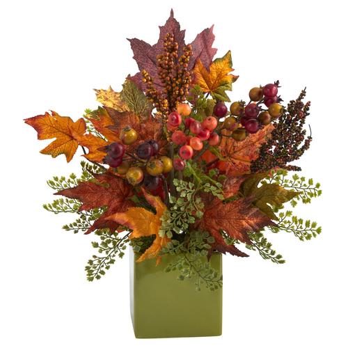 17" Maple Leaf, Berries and Maiden Hair Artificial Arrangement in Green Vase
