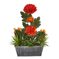 17" Mum and Succulent Artificial Arrangement in Embossed Tin Vase